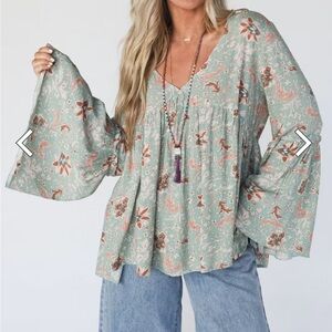 Three Bird Nest NWT Brea Mixed Print Bell Sleeve Top Sz M